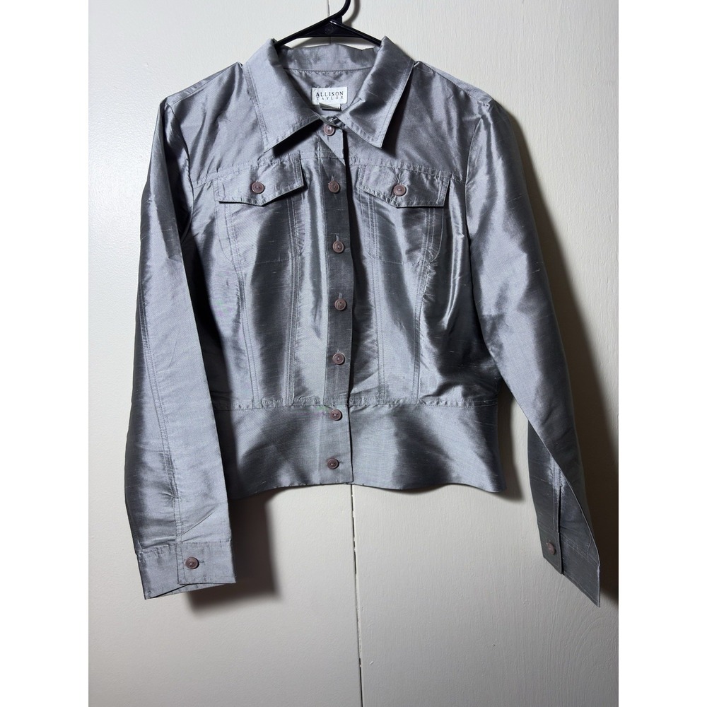 Allison Taylor 100%‎ Silk Jacket L Silver Metallic Shimmer Y2K Siren Metallic